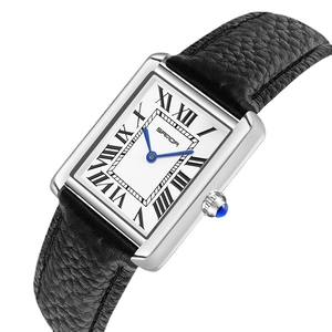 Classic rectangle silver watch with roman numerals and black leather strap for women