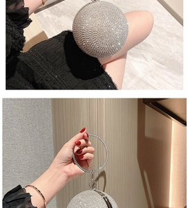 Detailed view of silver spherical evening bag with rhinestones and circular handle