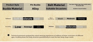 Detailed chart of vintage leather belt showing split leather material and alloy buckle info