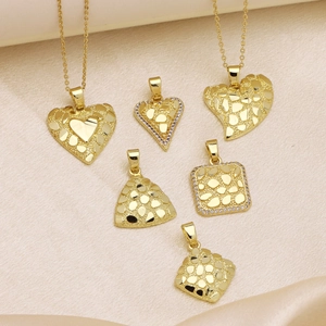 Geometric Heart Triangle Square Pendant Necklace 18K Gold Plated Copper Hammered Metal Nugget Texture Zircon Women
