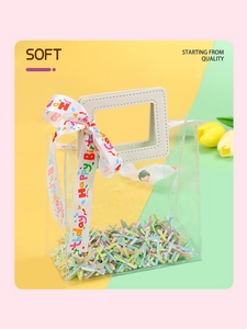Detailed view of a transparent PVC gift bag with beige handles and Happy Birthday ribbon