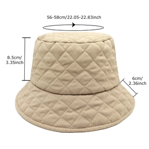 Quilted cotton bucket hat with diamond pattern for winter, unisex warm beige puffer style