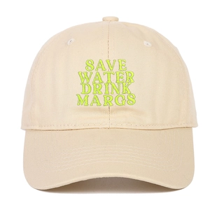 Beige cotton baseball cap featuring fluorescent green Save Water Drink Margs embroidery