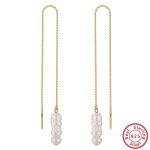 Baroque Freshwater Pearl Ear Threaders 925 Sterling Silver Long Box Chain Dangle Earrings Elegant Jewelry For Women