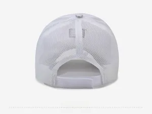 Rear view of white breathable mesh trucker hat with adjustable velcro strap closure