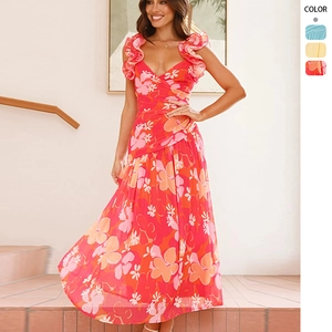 Robe Maxi Femme Col En V Polyester Épaule À Volants Dos Nu Taille Haute Plissée Vacances D'été Longue Robe Sexy
