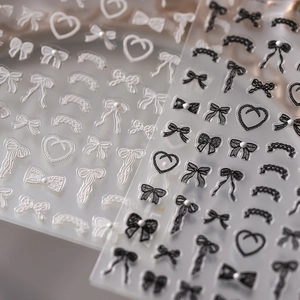 Frosted bow and lace heart embossed nail art stickers with black and white 3D texture