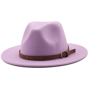 Detail of lavender wool fedora hat featuring a brown leather decorative buckle band