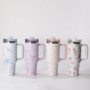 304 stainless steel tumblers with floral prints, handle, and splash-proof lids