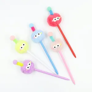 Set of 5 colorful fuzzy ball monster pens with spring antennas and big eyes on white back