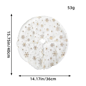 Detail of white plush Christmas tree skirt with gold snowflake pattern and size dimensions
