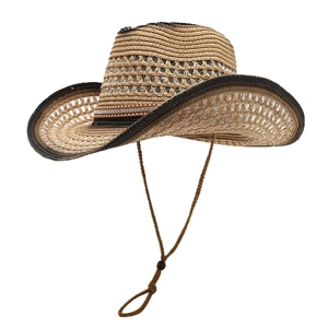 Brown woven western cowboy straw hat with sunflower belt and adjustable wind rope