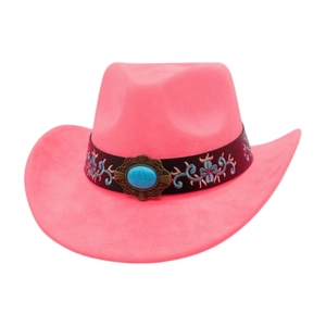 Detail of pink suede cowboy hat featuring turquoise gemstone and floral embroidery