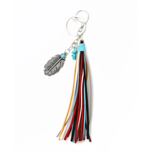 Close-up of bohemian silver feather pendant with turquoise and multi-color suede tassels