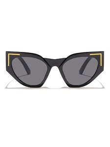 Detail of oversized black cat-eye sunglasses with gold L-shaped metal temple accents