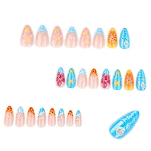 Tropical 3D flower press-on nails in short almond shape with 3D effect textures