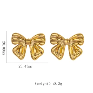 Detailed view of 18k gold stainless steel bow earrings with exact size dimensions