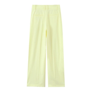 Pale yellow high-waisted wide-leg trousers back view detail with pockets