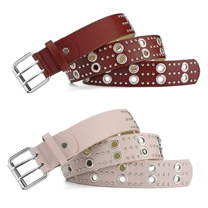 Punk style leather belts in pink and dark red with silver grommets and double pin buckles