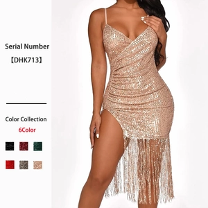 Sexy Sequined Tassel Midi Dress V Neck Spaghetti Strap Side Slit High Waist Evening Banquet Party For Women