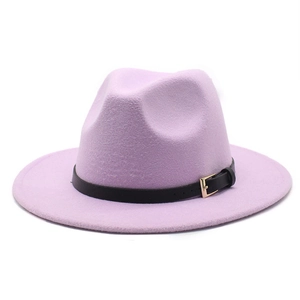Lavender purple wool fedora hat with a black leather belt and golden metal buckle decor