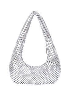 Elegant silver metal mesh hobo bag with sequin finish for evening parties