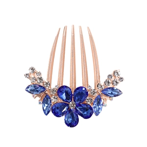 Elegant rose gold alloy hair comb with blue and clear rhinestones for stylish hair styling