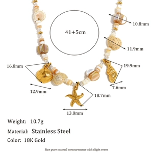 Stainless steel 18K gold ocean necklace with starfish and shell charms and dimensions