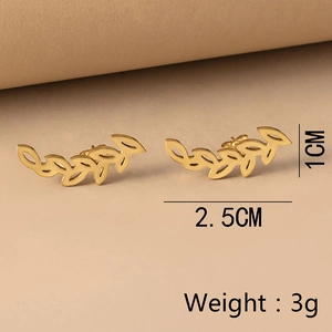 Macro view of gold leaf earrings with hollow vein design showing size and weight specs