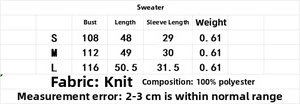 Guide des tailles pour haut en tricot pour femmes avec mesures S, M, L et détails de matière