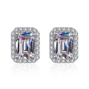 S925 sterling silver stud earrings with emerald-cut radiant moissanite and halo stones