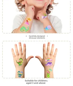 Detail of colorful cartoon dinosaur temporary tattoos with glitter effect on child's arm