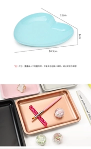 Detailed size view and lifestyle setup for colorful heart and rectangular metal trays