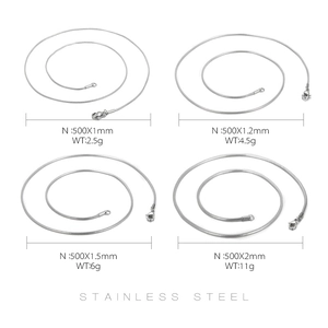 Detailed specs for stainless steel snake chain necklaces in four sizes from 1mm to 2mm
