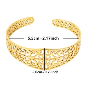 Detailed view of 18k gold plated open bangle with specific dimensions and width measurements
