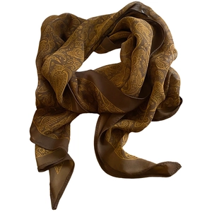 Elegant dark brown silk scarf necklace with golden paisley pattern and satin finish