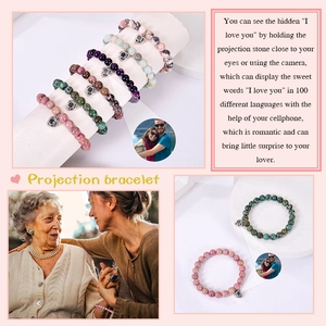 Custom heart projection bracelet with pink zebra stone and personalized photo charm
