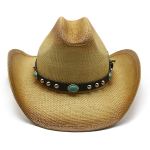Handwoven straw jazz hat with western cowboy style, leather band and turquoise accents