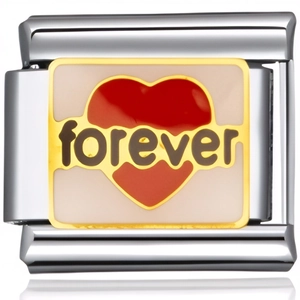 Macro shot of stainless steel modular charm with golden forever red heart enamel