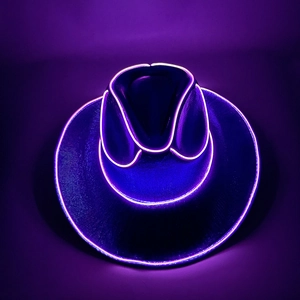 Detail of purple LED neon glowing cowboy hat with EL wire contouring for party rave events