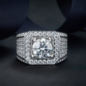 Luxurious S925 silver men's ring featuring a 5-carat moissanite with micro-pave diamonds