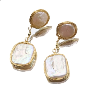 Baroque natural pearl drop earrings with 925 silver needles and gold-plated wire craft