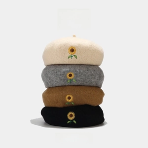 Wool beret set with sunflower embroidery in cream grey brown and black colors