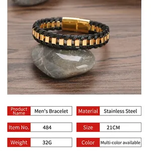 Handcrafted vintage stainless steel mens bracelet with black leather band and gold clasp