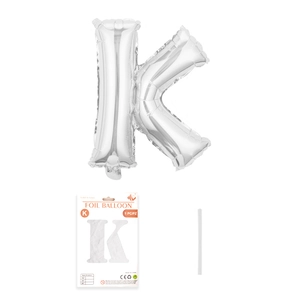 Silberner Folienballon Buchstabe K mit Einzelverpackung und Trinkhalm-Set