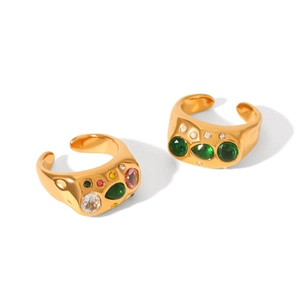 Irregular hammered stainless steel open rings with colorful zircon inlays for women
