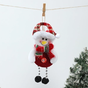 Detail of hanging plush snowman ornament with red plaid hat and metal bead legs