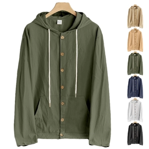 Detail of color variants for men's hooded cotton linen shirt with button-down long sleeves
