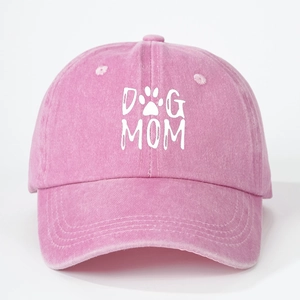 Casquette baseball en coton délavé rose avec imprimé DOG MOM et patte blanc