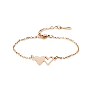 Detail of rose gold double heart bracelet with adjustable chain and lobster clasp